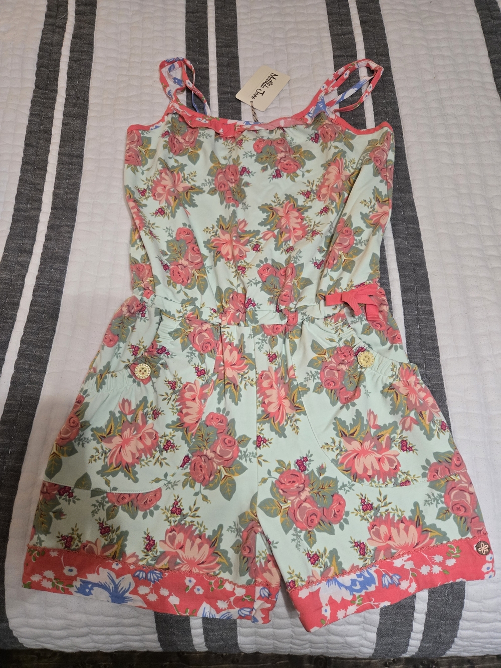 Matilda Jane Mint Floral Romper with Coral Trim